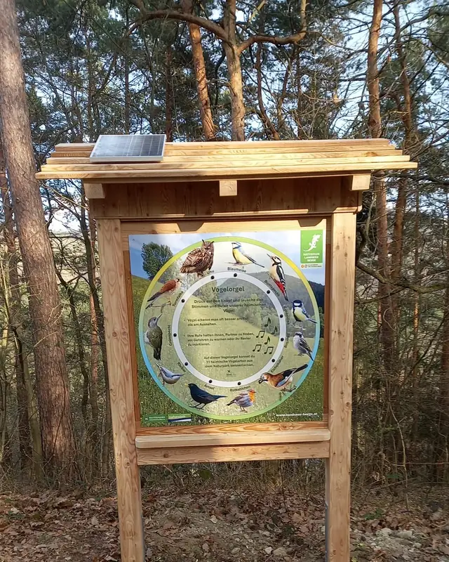 Interaktive Schautafel mit Vogel-Infografik und Vogelstimmen in einem Holzgestell an einem Waldweg
